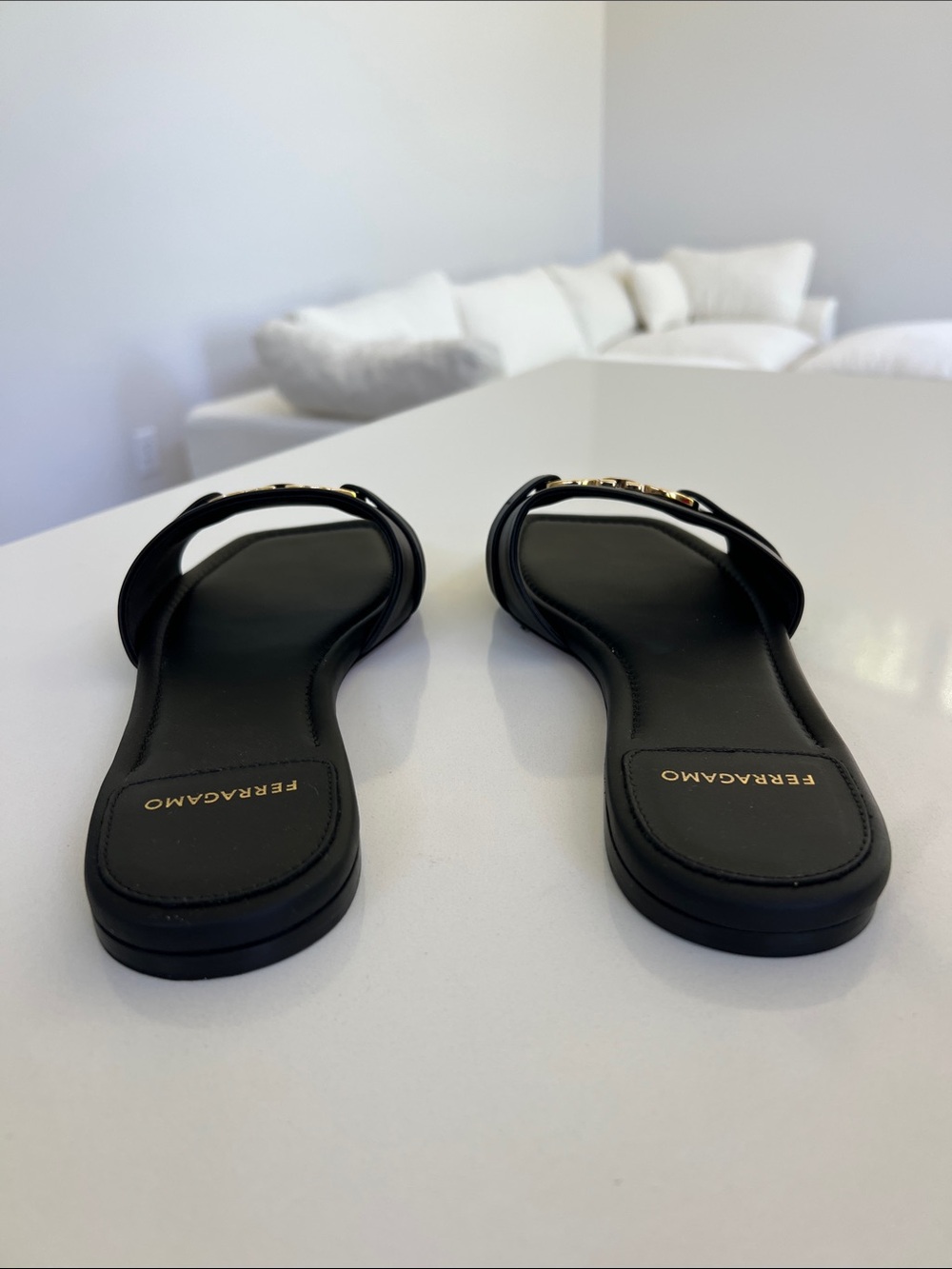 Ferragamo black leather with gold tone hardware open toe flat sandals slides 9C - Picture 8 of 11